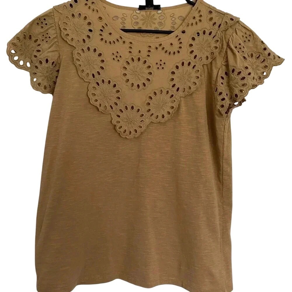 J. Crew Tan Eyelet Short Sleeve Top
